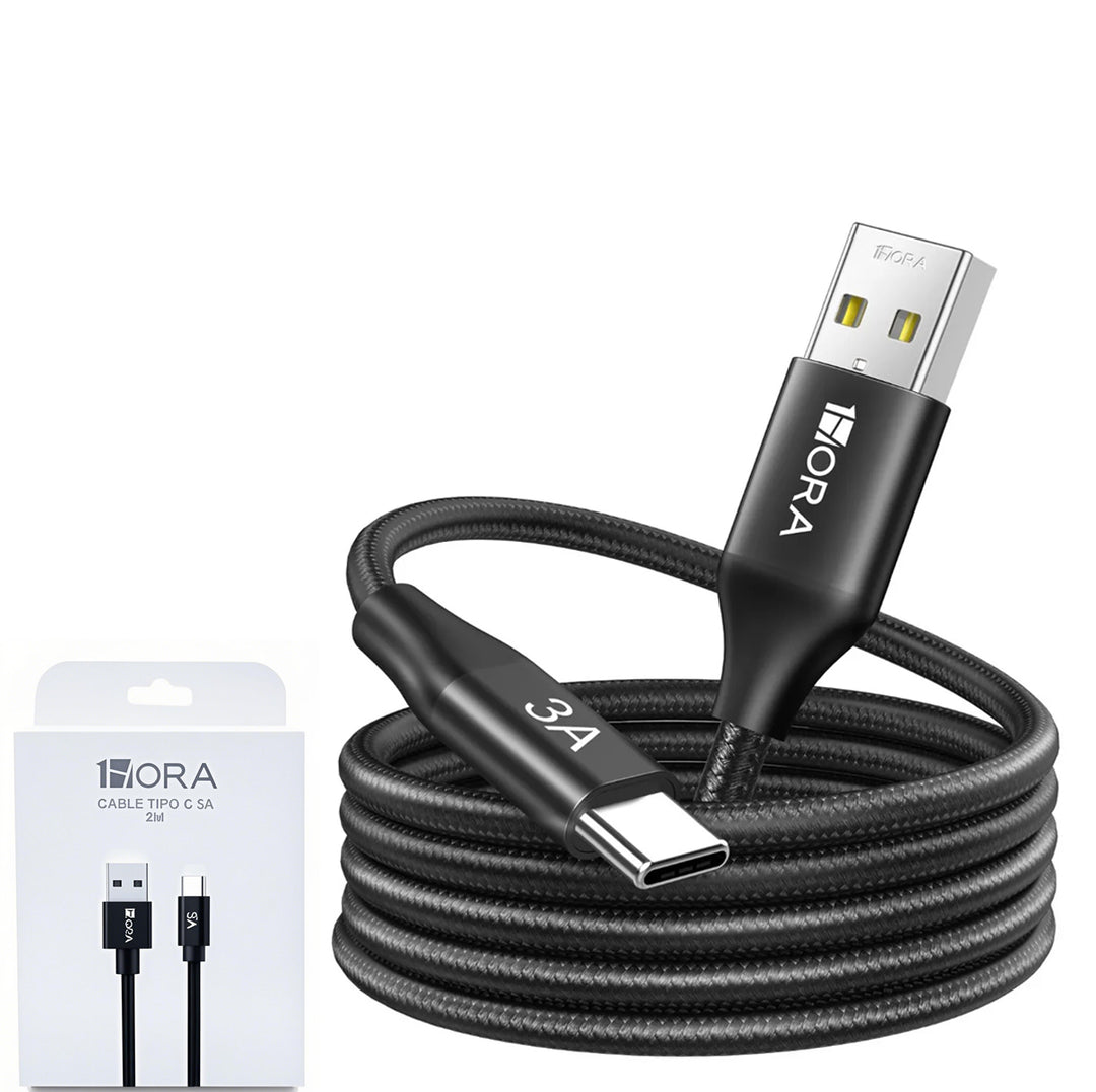Cable de Datos USB a Tipo C 1Hora , 2 Metros Nailon Trenzado Negro USB 2.0 3A  CAB264（PAQUETE DE 50PC ）