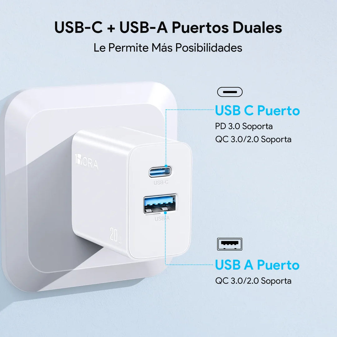 Cargador para iPhone 20W GaN Carga Rapida Dual Salida USB C & USB Port y Cable Tipo C a IP 1M GAR163（PAQUETE DE 20PC ）