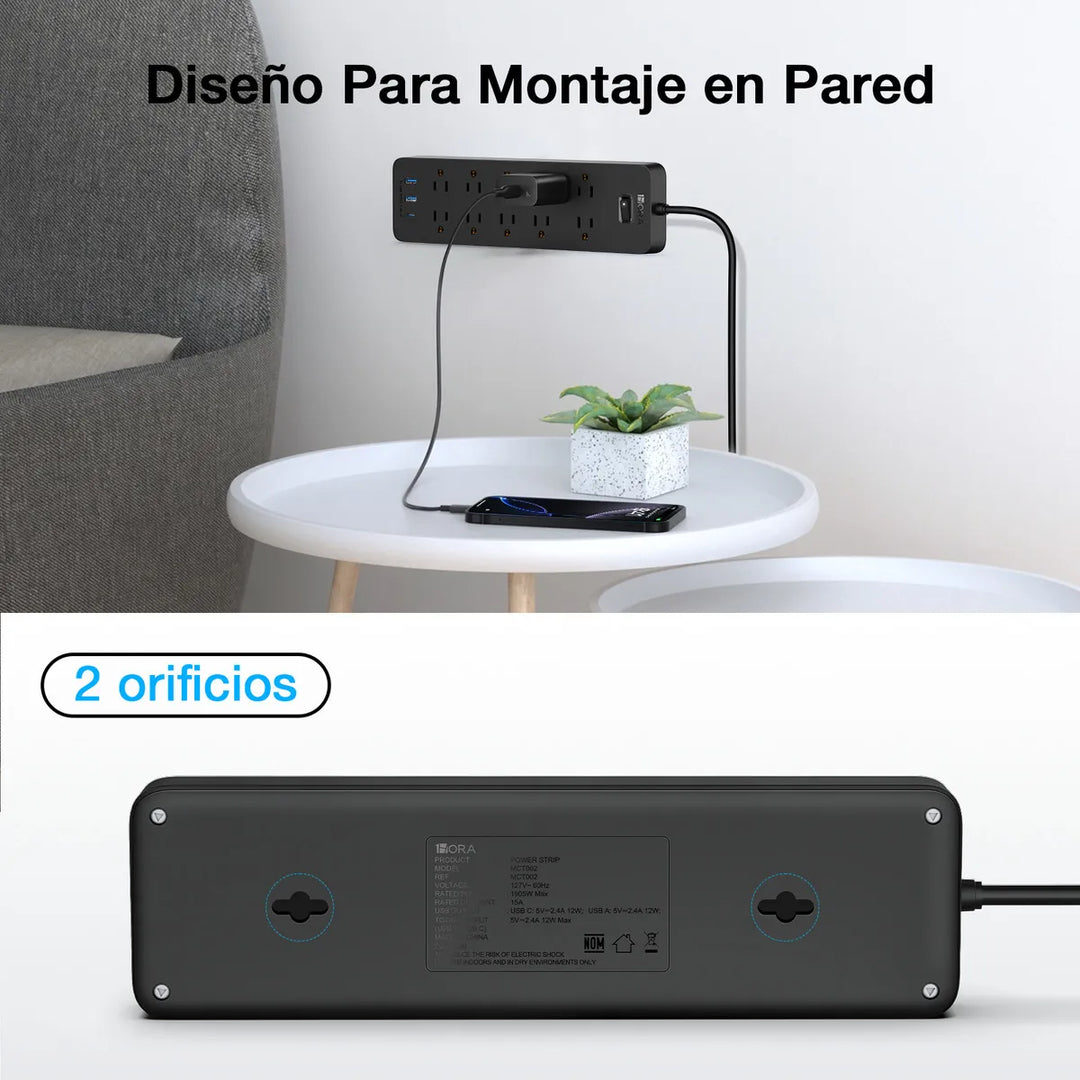 Multicontacto Con 13 Tomos 10 salidas de CA 2 puertos USB 1 Tipo c Extension Electrica 1HORA MCT002（PAQUETE DE 10PC ）