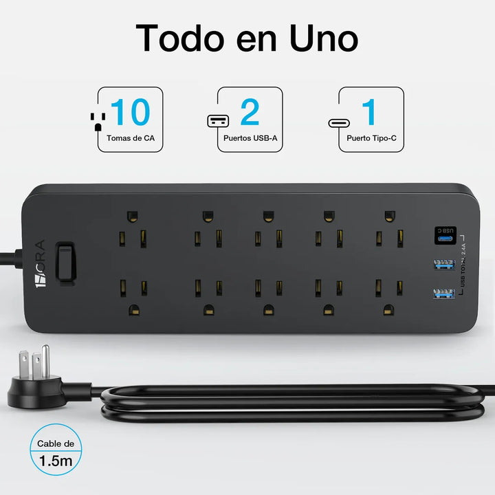Multicontacto Con 13 Tomos 10 salidas de CA 2 puertos USB 1 Tipo c Extension Electrica 1HORA MCT002（PAQUETE DE 10PC ）