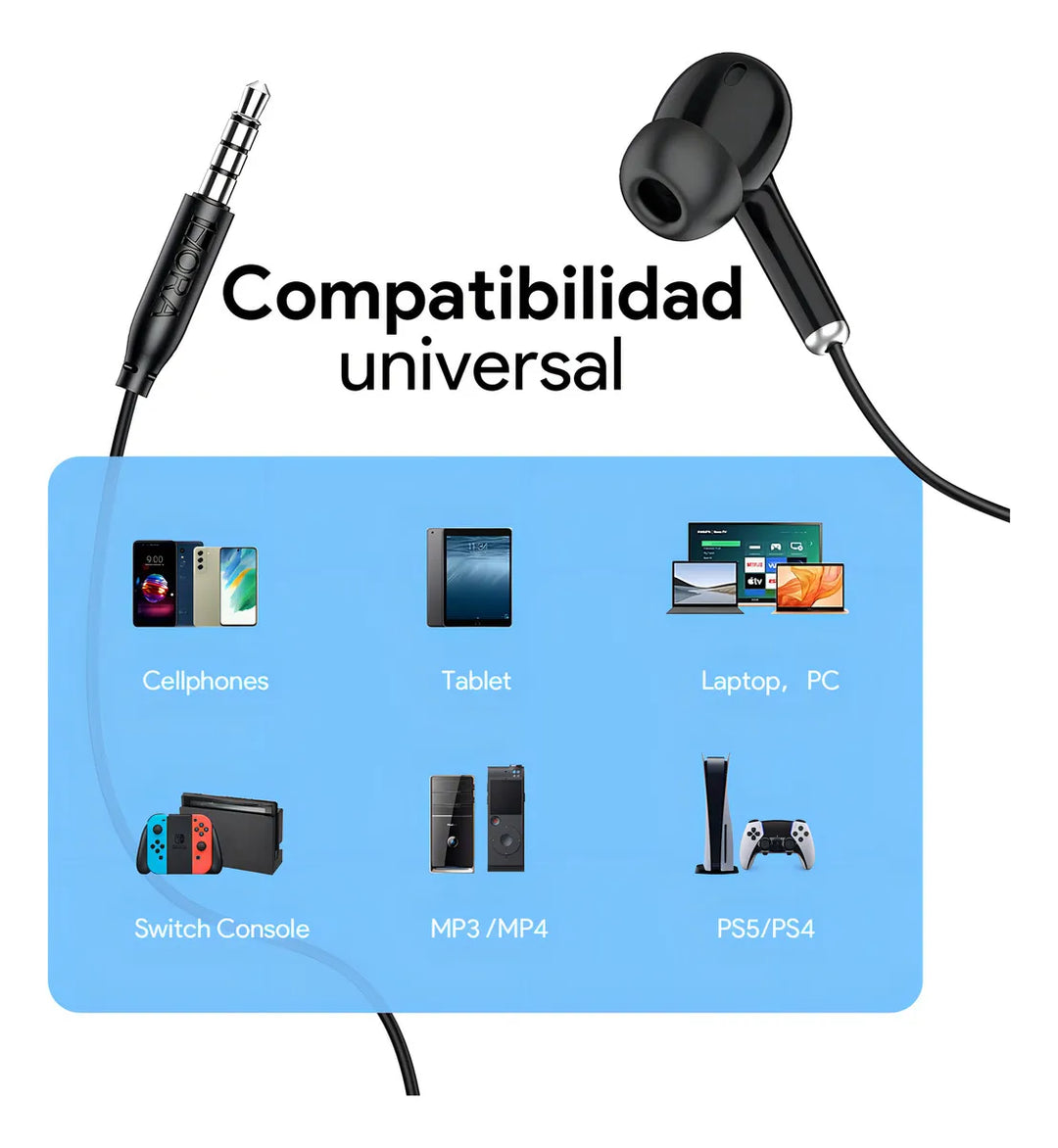 Audífonos Alámbricos Manos Libres In Ear con Micrófono para 3.5mm Jack 1Hora con Control de Volumen AUT123（PAQUETE DE 50PC ）