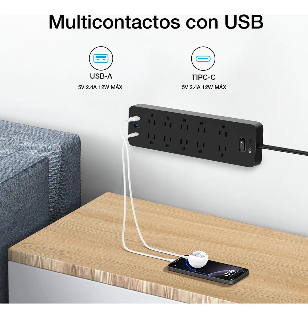 Multicontacto Con 13 Tomos 10 salidas de CA 2 puertos USB 1 Tipo c Extension Electrica 1HORA MCT002（PAQUETE DE 10PC ）